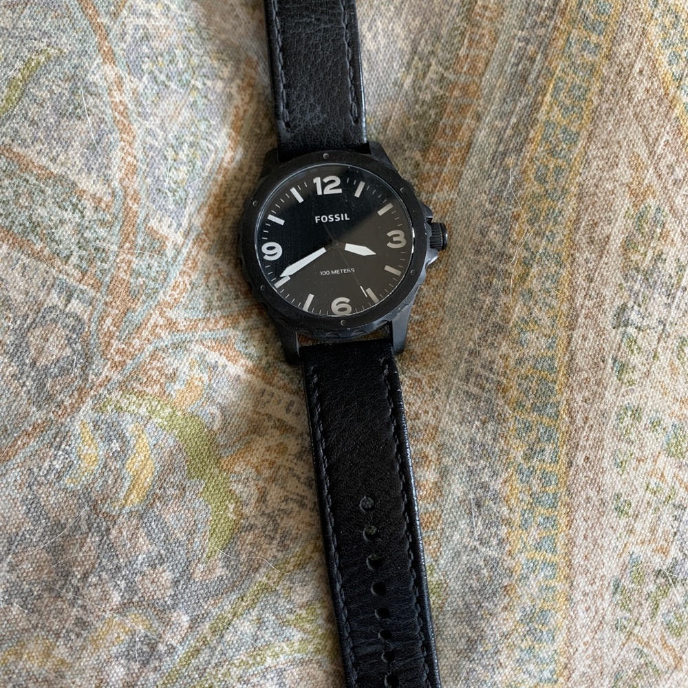 Mens Fossil Watch Black Leather Band